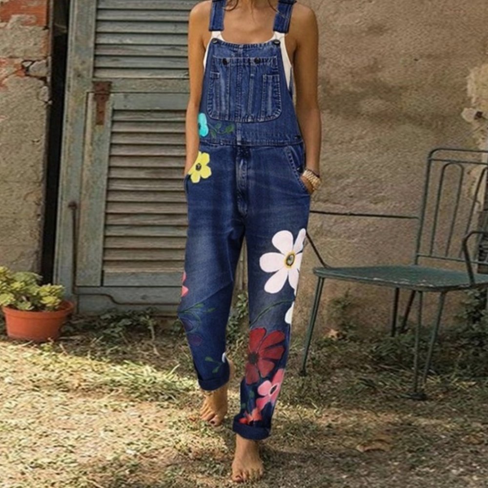 Flower-Printed Denim Overalls